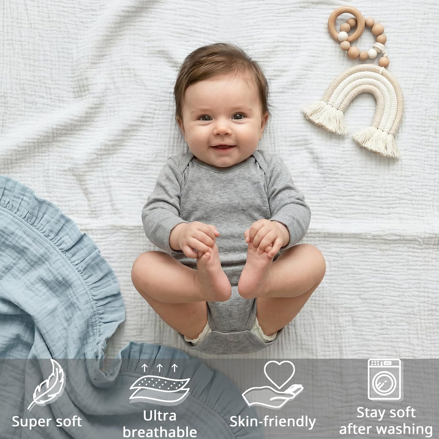 Muslin Bassinet Sheet Compatible with Maxi-COSI Iora & Iora Air Bedside Sleeper - 100% Cotton Rectangular Mattress Pad Cover (33"x20"), Breathable & Soft, Boho (1 Pack Blue)