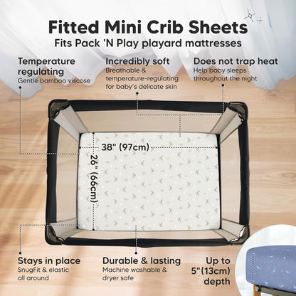 2-Pack Waterproof Pack and Play Sheets, Mini Crib Sheets Fitted for Boy, Girl - 38 x 26 Viscose from Bamboo Pack N Play Mattress Sheets for Graco, Toddler Playard Baby Crib Sheets Neutral (Blue Flax) - Colors A
