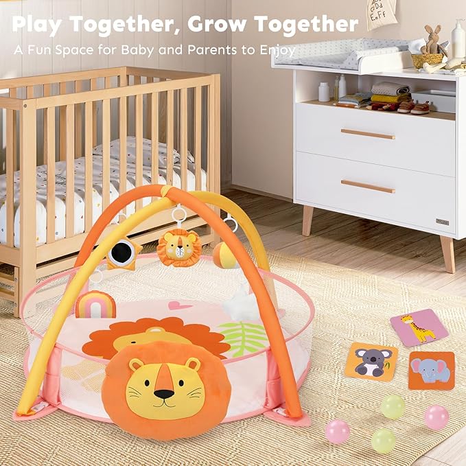 7-in-1 XL Large Baby Play Gym Mat, Tummy Time Mat, Baby Gym & Ball Pit, Baby Activity Mat with Milestone Cards & 6 Detachable Toys for Sensory Motor Skill, Lion