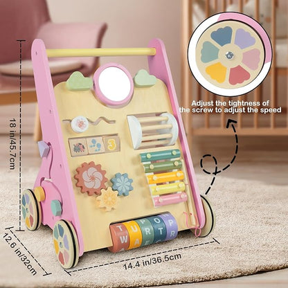 Baby Walker with Wheels, Wooden Push Walker Toys for Babies 10-12 Months, Baby Girl Walking Activity Toys for 1 Year Old