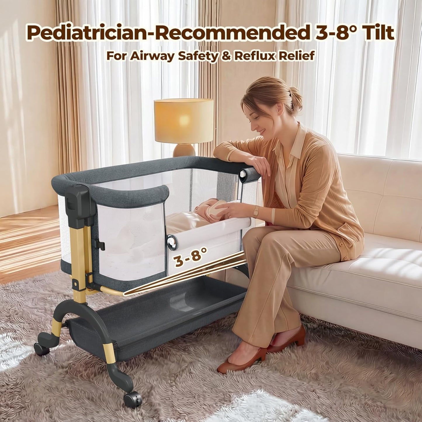 Ezebaby 3 in 1 Baby Bassinet Bedside Sleeper, Rocking Bassinet for Baby with Comfy Mattress & Breathable Full Mesh Sides, 7 Height Adjustable | Portable Crib for Newborns with Lockable Wheels