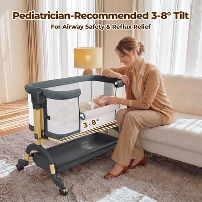 Ezebaby 3 in 1 Baby Bassinet Bedside Sleeper, Rocking Bassinet for Baby with Comfy Mattress & Breathable Full Mesh Sides, 7 Height Adjustable | Portable Crib for Newborns with Lockable Wheels