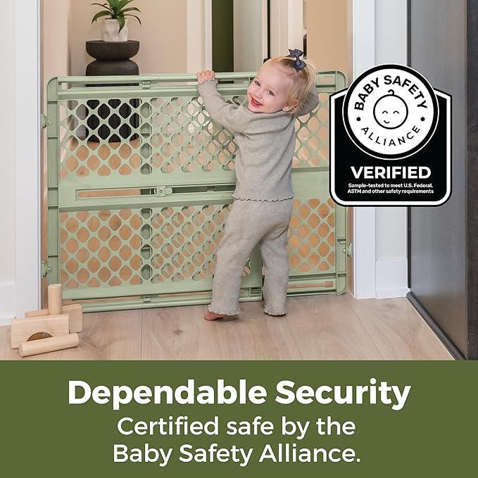 Toddleroo by North States - ReNew 100% Recycled Plastic Baby Gate for Doorway; Sturdy for Indoor & Outdoor Use: Pressure Mounted, No Drill Gate; Made in USA; 26" to 42" Wide, 26" Tall; Sea Grass Green
