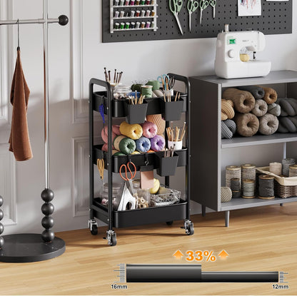 Beige 3 Tier Rolling Cart Metal on Wheels, Three Tiered Storage Organizer Utility Trolley with Wheels for Art, Craft, Baby Diaper Caddy, Snack, Book, Nail, Lash, Cleaning Supplies, Kitchen, Bathroom