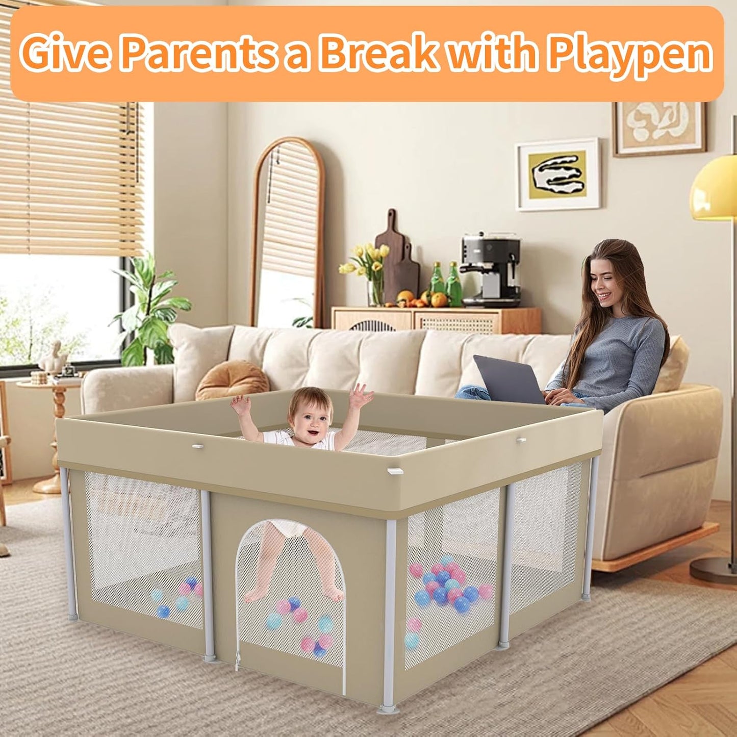 Foldable Large Baby Playpen 71"×71", Portable Playard for Babies & Toddlers, Lightweight Safety Baby Fence, No Installation, Indoor & Outdoor Playpen with 150 Ocean Balls, Beige