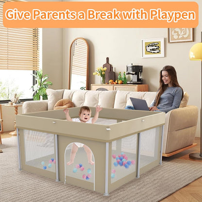 Foldable Large Baby Playpen 71"×71", Portable Playard for Babies & Toddlers, Lightweight Safety Baby Fence, No Installation, Indoor & Outdoor Playpen with 150 Ocean Balls, Beige