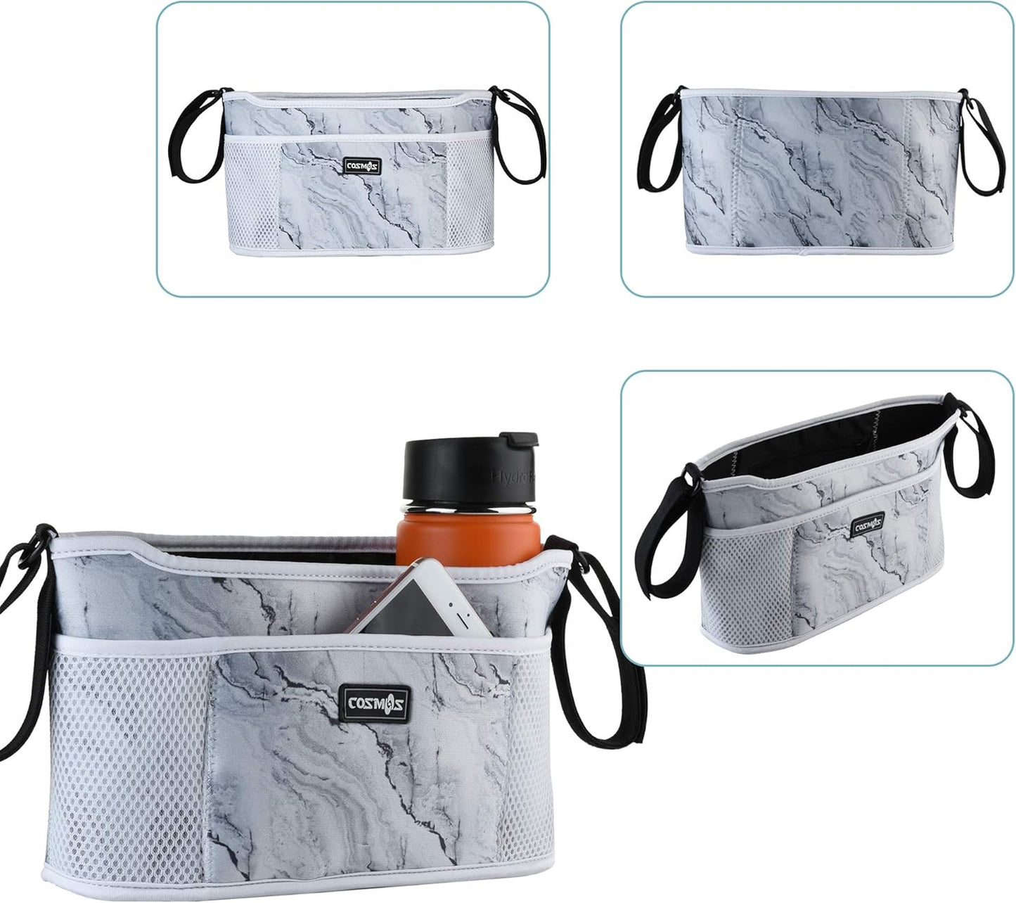CM Stroller Organizer Diaper Bag Stroller Accessories Pack with Drink Holders and Zipped Pockets for Baby Stroller, Car, Shopping Cart. Fits All Major Strollers. (Marble White)