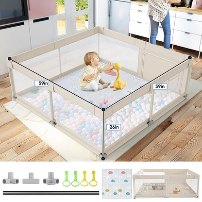 Fodoss Baby Playpen 50×50in, Small Play Pen for Babies and Toddlers, Playpen for Apartment, Play Yard, Activity Fence, Baby Playard with All-Side Mesh, Pull Rings