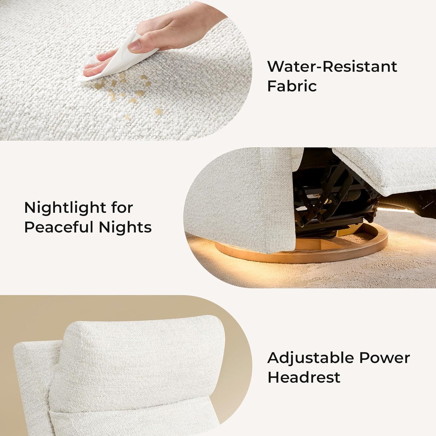 CHITA Power Swivel Glider for Adults with Nightlight, Nursery Recliner Chair with Power Headrest for Living Room, Bedroom, Water-Resistant Boucle Fabric in Sand