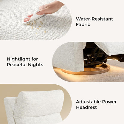CHITA Power Swivel Glider for Adults with Nightlight, Nursery Recliner Chair with Power Headrest for Living Room, Bedroom, Water-Resistant Boucle Fabric in Sand