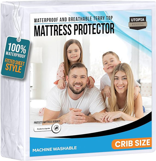 Crib Size Mattress Protector Waterproof, Premium 200 GSM Terry Mattress Cover, Soft & Breathable Bed Cover, Fitted Sheet Style Stretchable Deep Pockets 5" by Utopia Bedding (White)