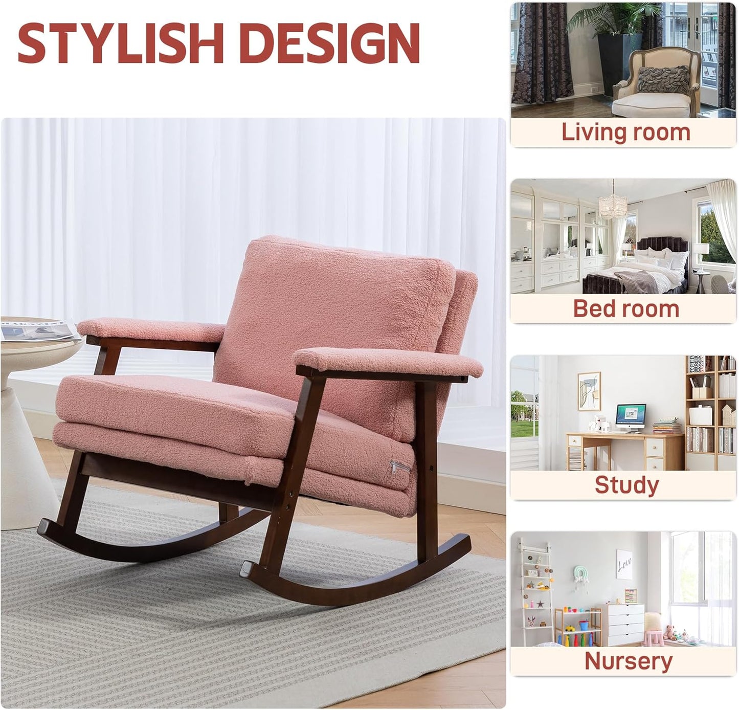 Rocking Accent Chair, Nursery Upholstered Glider Cozy Small Rocker Rocking Chair for Adult, Comfy Side Modern Arm Chair for Living Room/Bedroom/Offices/Balcony-White
