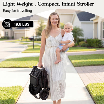Lightweight High-View Baby Stroller, One-Hand Fold & Compact Storage, Convertible Seat, 5-Point Safety Harness, Foldable Infant Stroller, Grey
