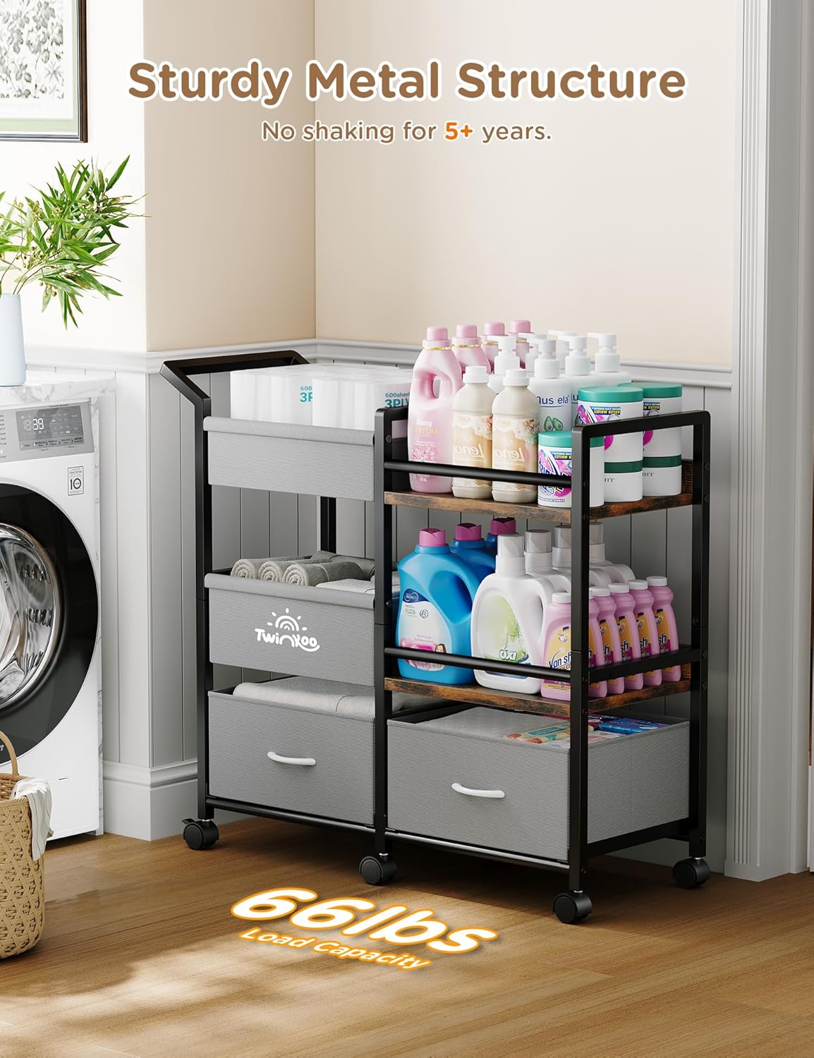 Twinkoo 2-in-1 Baby Diaper Caddy Organizer, 3 Tier Rolling Storage Cart with Dividers and Drawers, Baby Essentials for Nursery Storage, Mobile Utility Cart with Wheels Large Capacity Easy to Assemble