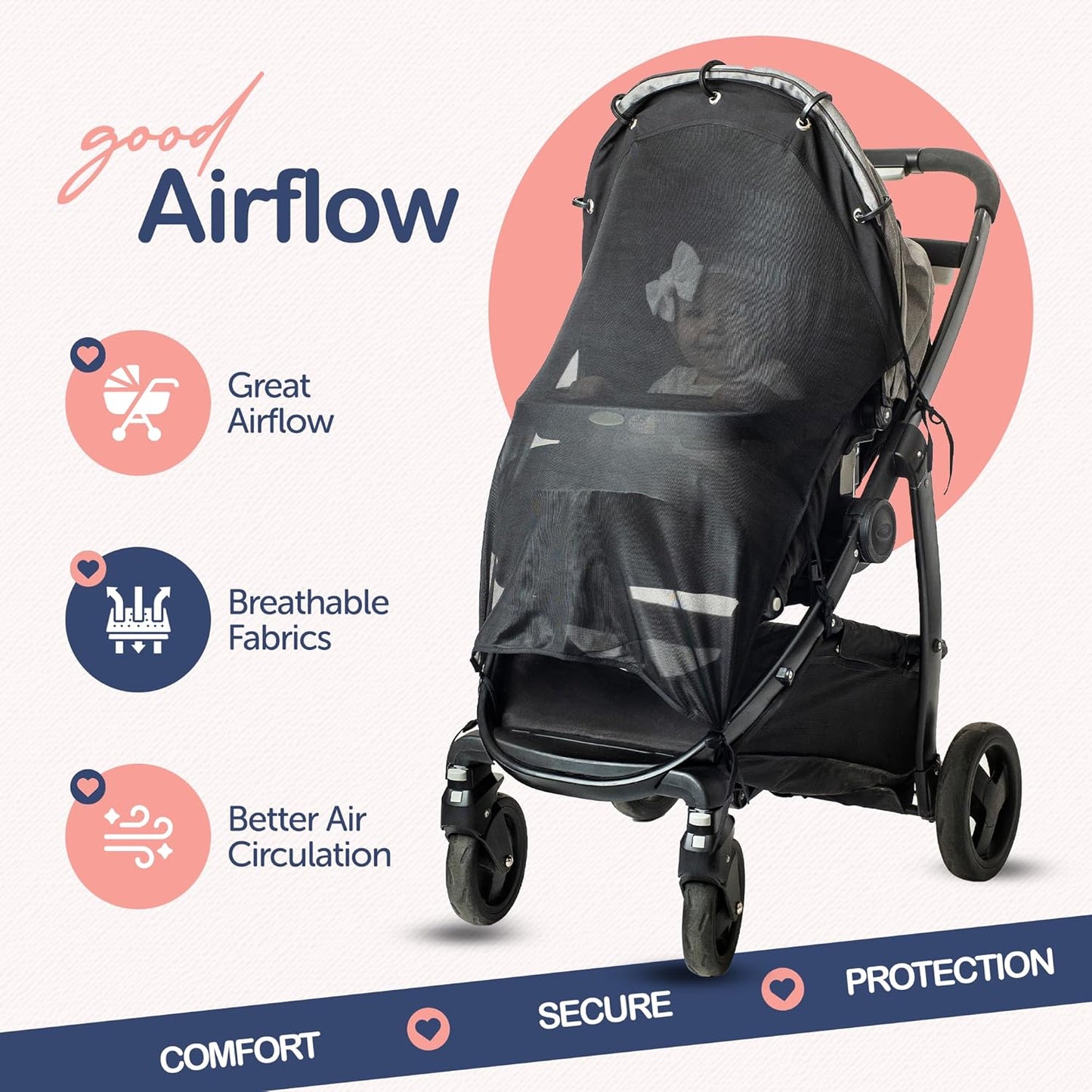 Stroller Sun Shade Extender – Universal Clip-On Baby Stroller Sun Shade Cover, UV Protection, Breathable See-Through Mesh, Adjustable Fit, Large Black