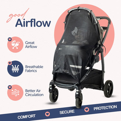 Stroller Sun Shade Extender – Universal Clip-On Baby Stroller Sun Shade Cover, UV Protection, Breathable See-Through Mesh, Adjustable Fit, Large Black