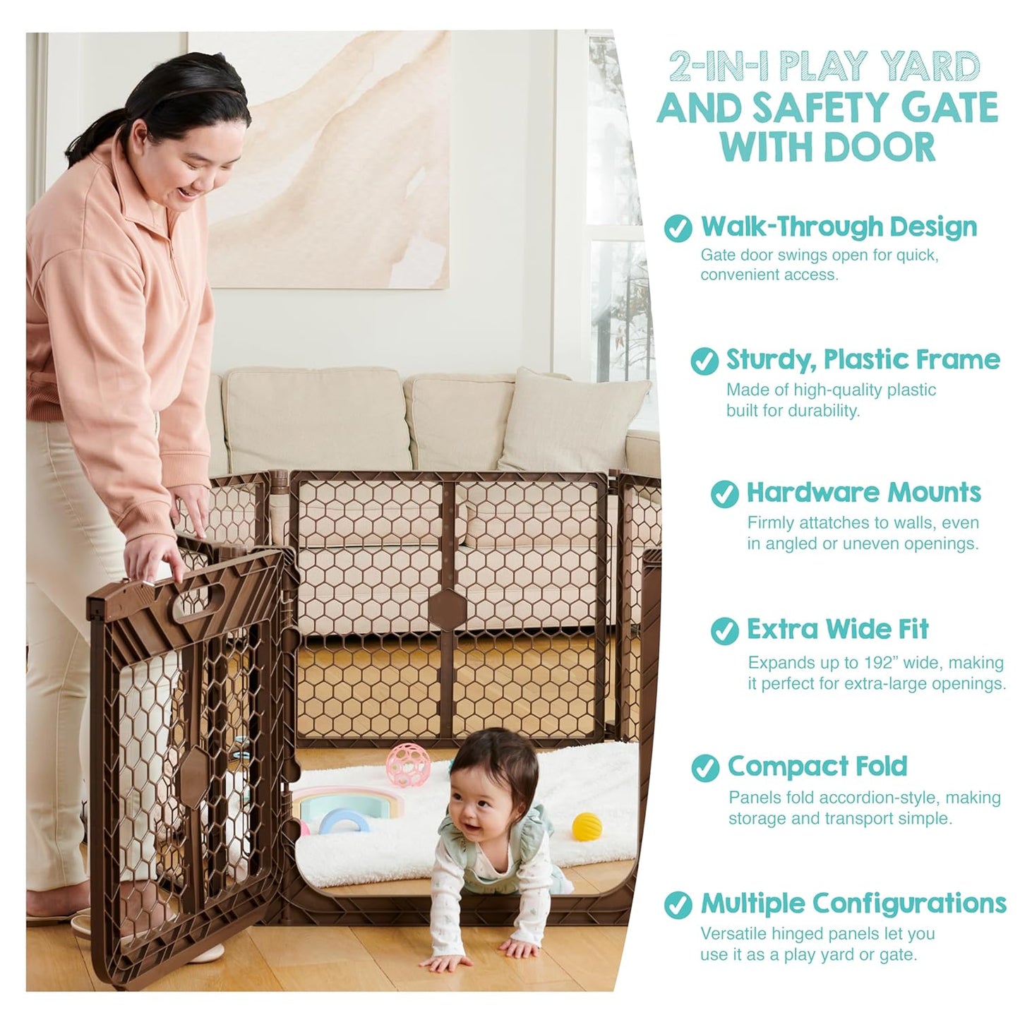 Regalo Safety 192" Super Wide Baby Gate & Play Yard, 2-in-1 Adjustable Playpen for Babies, Toddlers & Pets, Includes Wall Mount Kit, Plastic, Gray