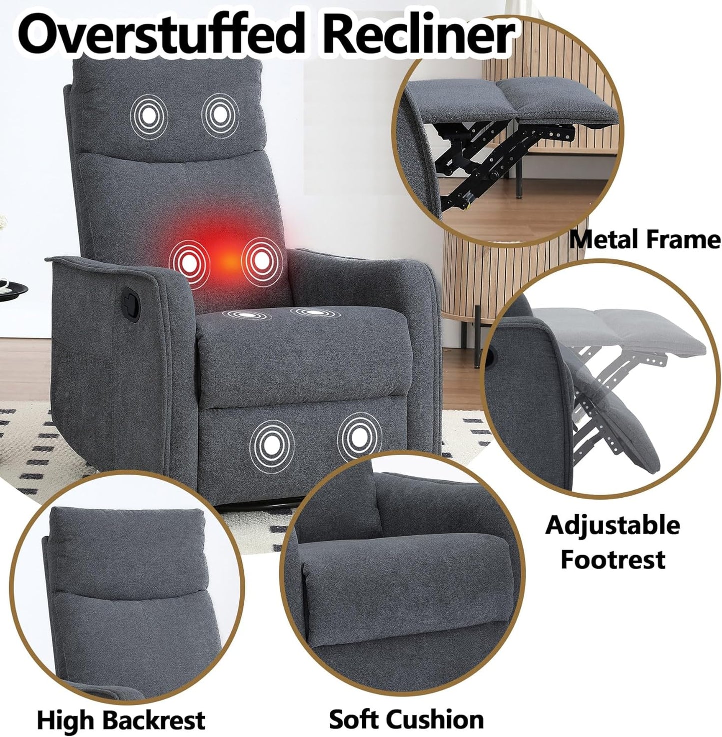Massage Chair Recliner with Heat, Swivel Rocking Chair Recliner with High Back, Manual Nursery Recliners for Adults,Small Recliner Chair for Small Spaces, Living Room Bedroom, Fabric (Blue Green)