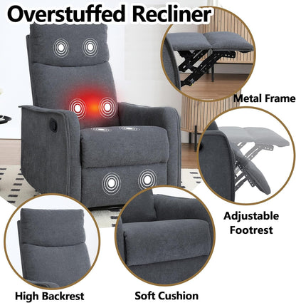 Massage Chair Recliner with Heat, Swivel Rocking Chair Recliner with High Back, Manual Nursery Recliners for Adults,Small Recliner Chair for Small Spaces, Living Room Bedroom, Fabric (Blue Green)