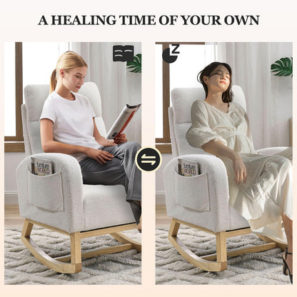 Rocking Chair Nursery, Glider Chair with High Back and Side Pocket, Solid Wood Frame Armchair with Non-Slip Padding for Nursery, Living Room, Bedroom (Ivory)