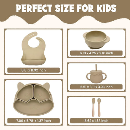 Baby Feeding Essentials, Baby Led Weaning Supplies, Silicone Baby Feeding Set, with Baby Spoon, Fork, Baby Bib, Sippy Cup, Suction Plate, Suction Bowl, Baby Eating Essentials, 6+ Months (Beige)