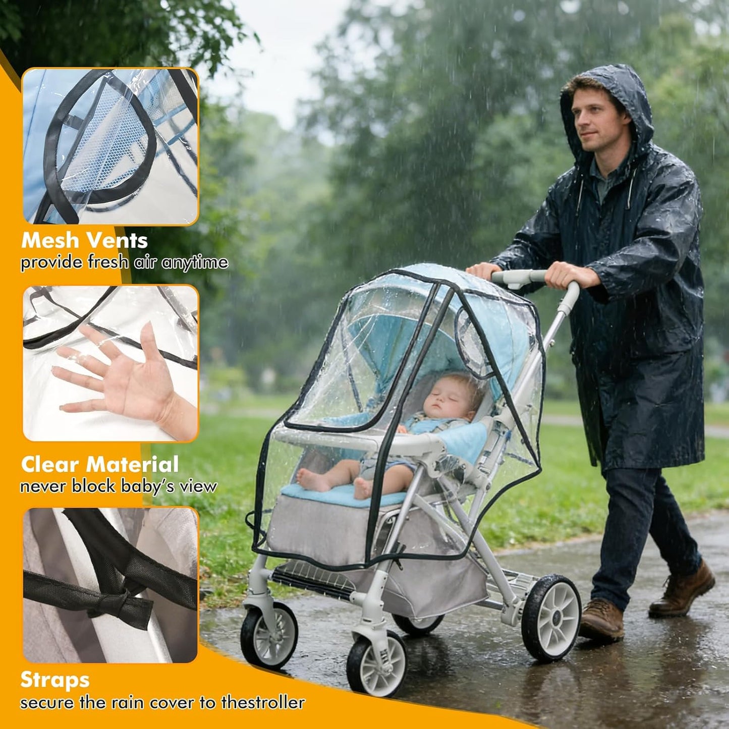 Stroller Rain Cover, Universal All-Season Lightweight Clear Stroller Poncho for Outdoor Protection, Easy to Install, Shields Against Wind, Rain, and Ensures Baby’s Comfort, Safe Outings