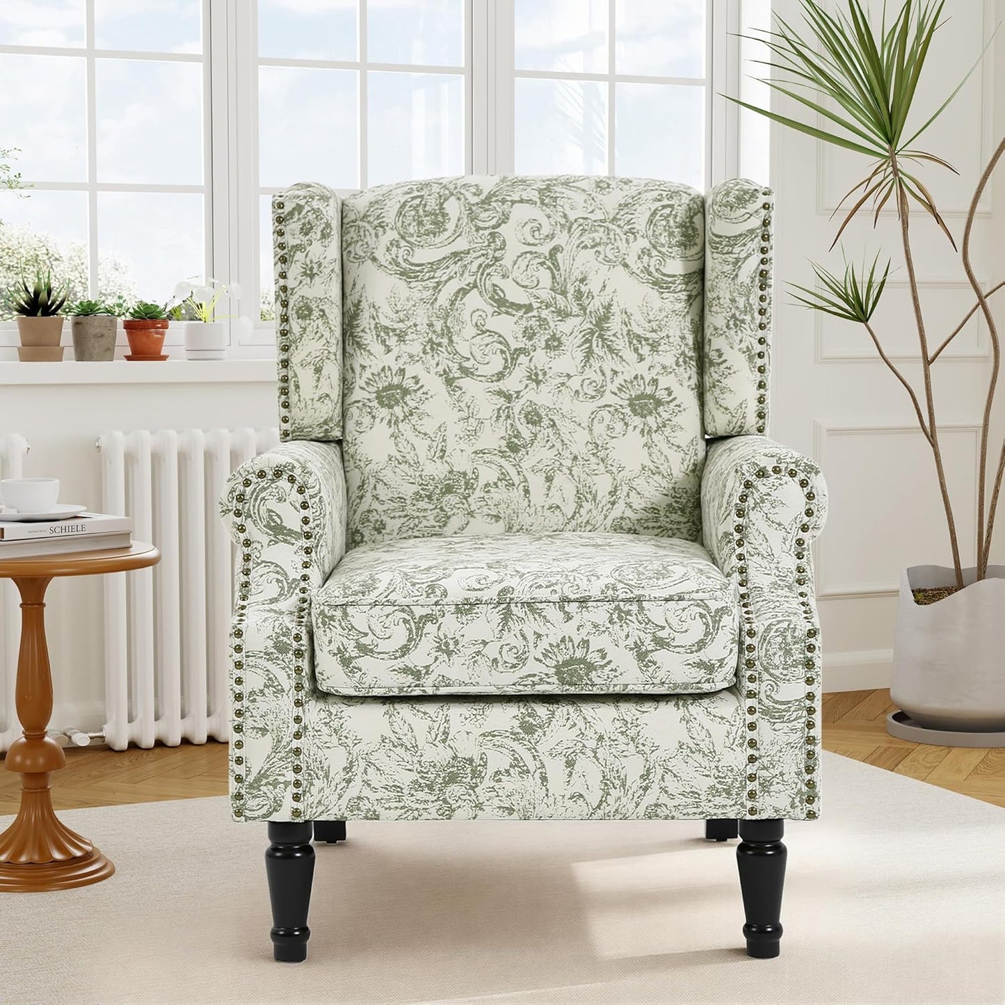 Swivel Rocker Recliner Chair, Manual Nursery Glider Recliner, Floral Fabric Wingback Accent Chair with Adjustable Backrest & Footrest for Small Spaces Living Room Bedroom (Plants Floral, Set of 1)