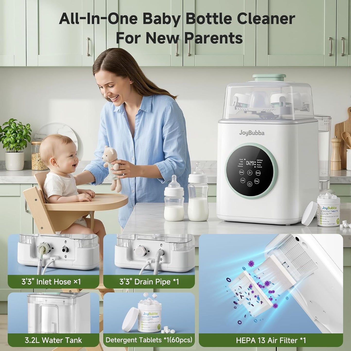 Bottle Washer, Sterilizer & Dryer – 19-Min Fast Cleaning, All-in-One Machine for Baby Bottles, Pump Parts & Feeding Accessories with 3 High-Temp Sterilization Modes, 60 Cleaning Tablets.