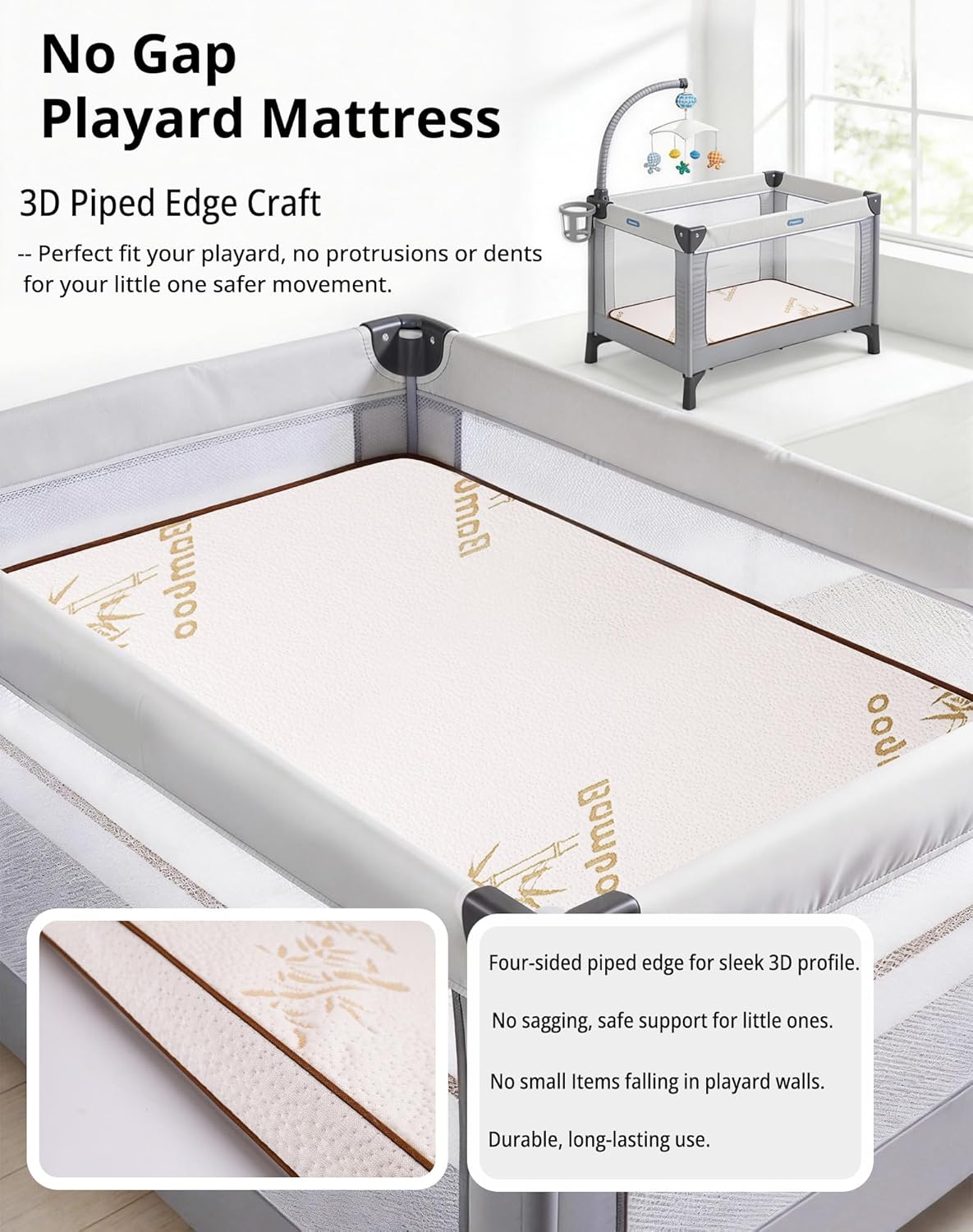 Pack and Play Mattress 38"x26" Playard Baby Pad for Pack n Play, No Gap Safer 3D Piped Edge, 1.5" Thick Medium Firm, Breathable Waterproof Washable Cover, White