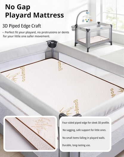 Pack and Play Mattress 38"x26" Playard Baby Pad for Pack n Play, No Gap Safer 3D Piped Edge, 1.5" Thick Medium Firm, Breathable Waterproof Washable Cover, White
