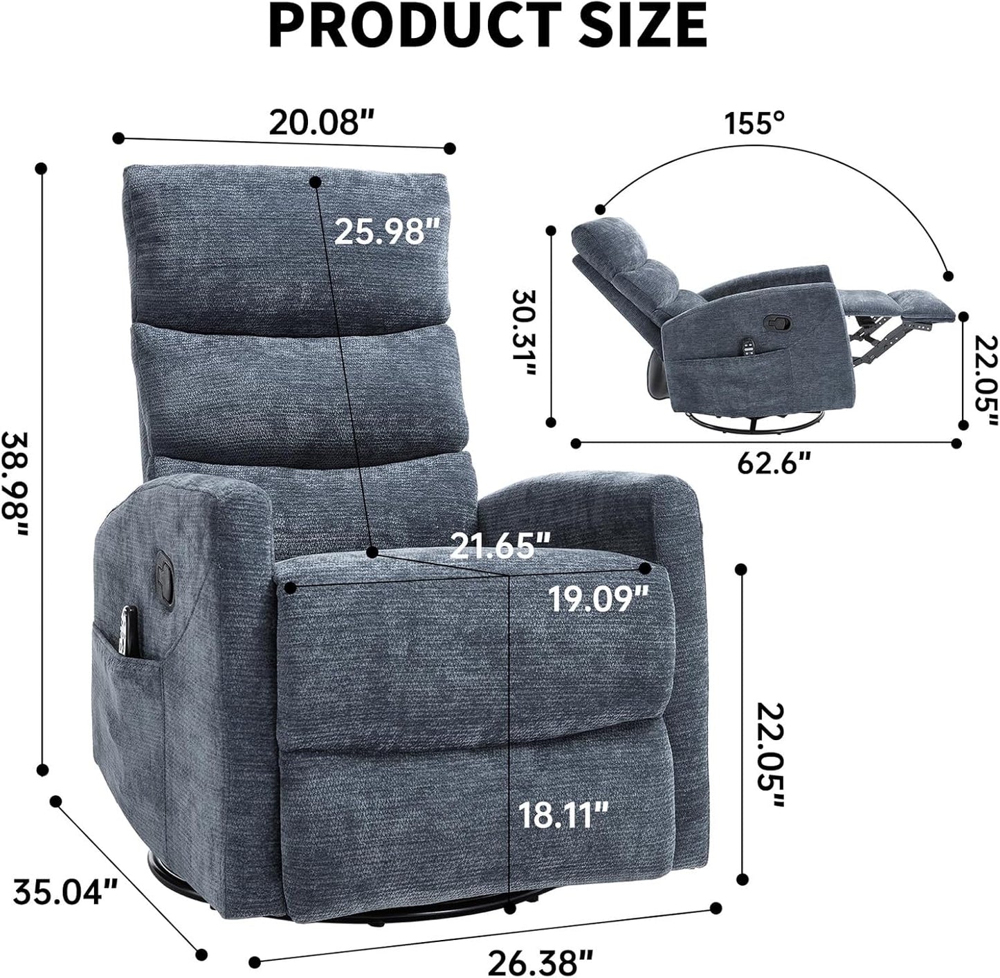 Massage Chair Recliner with Heat, Swivel Rocking Chair Recliner with High Back, Manual Nursery Recliners for Adults,Small Recliner Chair for Small Spaces, Living Room Bedroom, Fabric (Blue Green)