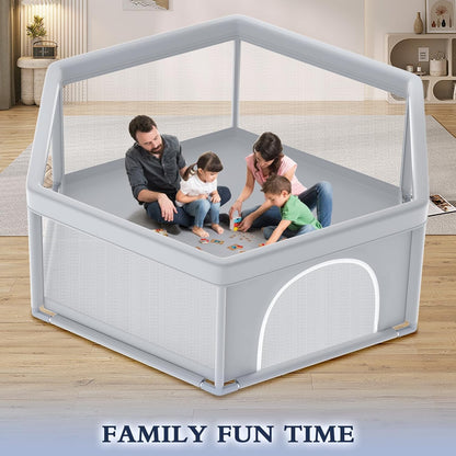 XVISHX 65 x 50 Inch Baby Playpen, Playpen for Babies and Toddlers, Baby Play Pen Playard for Indoor & Outdoor Active Center Game Fence, with Skin-Friendly Fabric and Soft Breathable Mesh, Grey