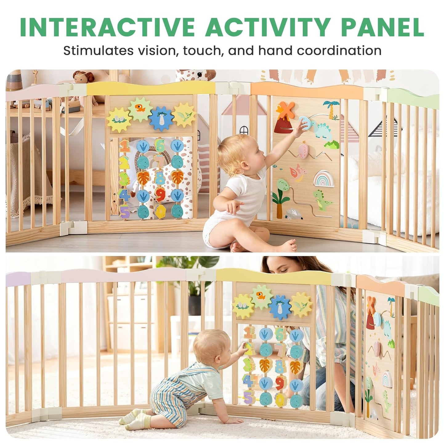 Foldable Wooden Playpen - Adjustable Wood Baby Play Yard with Child-Proof Lock, Indoor Large Safety Fence for Babies and Toddlers - Easy Assembly, 55 x 55 x 24 inches, Dino Land, Colorful