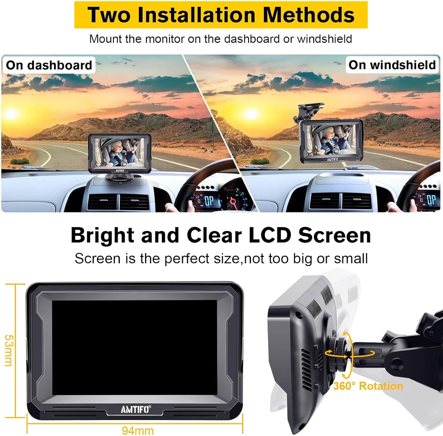 AMTIFO Baby Car Camera Easy Install: Clear Night Vision 2Mins Plug-Play Backseat Camera 360 Rotation Rear Facing Car Baby Monitor with Camera