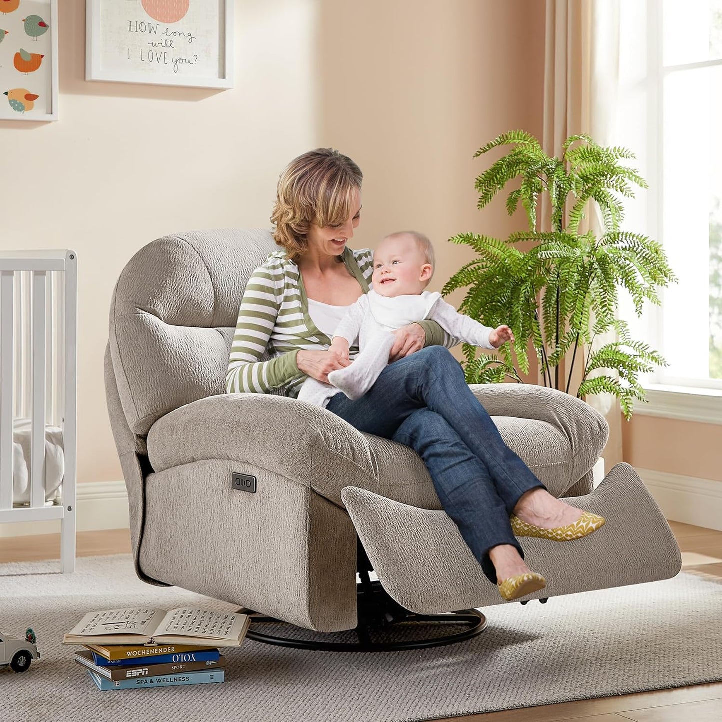 VANOMi Power Recliner Chair with USB & Type-C Charging, 270° Swivel Glider Rocker, Electric Nursery Recliner for Living Room, Bedroom, and Office, White