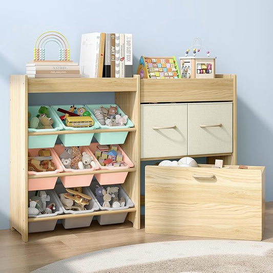 EXPERLAM Toy Storage Organizer for Kids, 9-Bin Toy Organizer with 2-Drawers,Movable Toy Chest and Top Rack, Kids Bookshelf and Toy Storage for Playroom, Bedroom, Nursery, Multi-Color