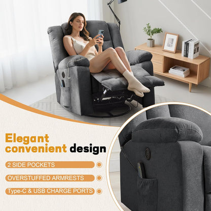 Korser Rocker Recliner, Glider Recliner Chairs for Adults, 360° Swivel Rocking Chair with Massage and Heating, Nursery Chair with Storage and USB Charging for Living Room, Bedroom, Nursery