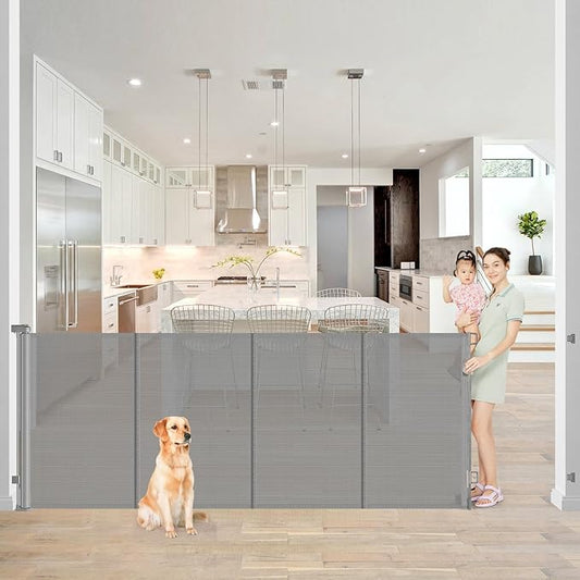 Reinforced 42” Extra Tall x 80” Wide Retractable Baby Gates with Rods to Prevent Crawling Through, Extra Tall Dog Gate for Large Openings Indoor Long Mesh Pet Gate for Stairs and Doorways, Gray