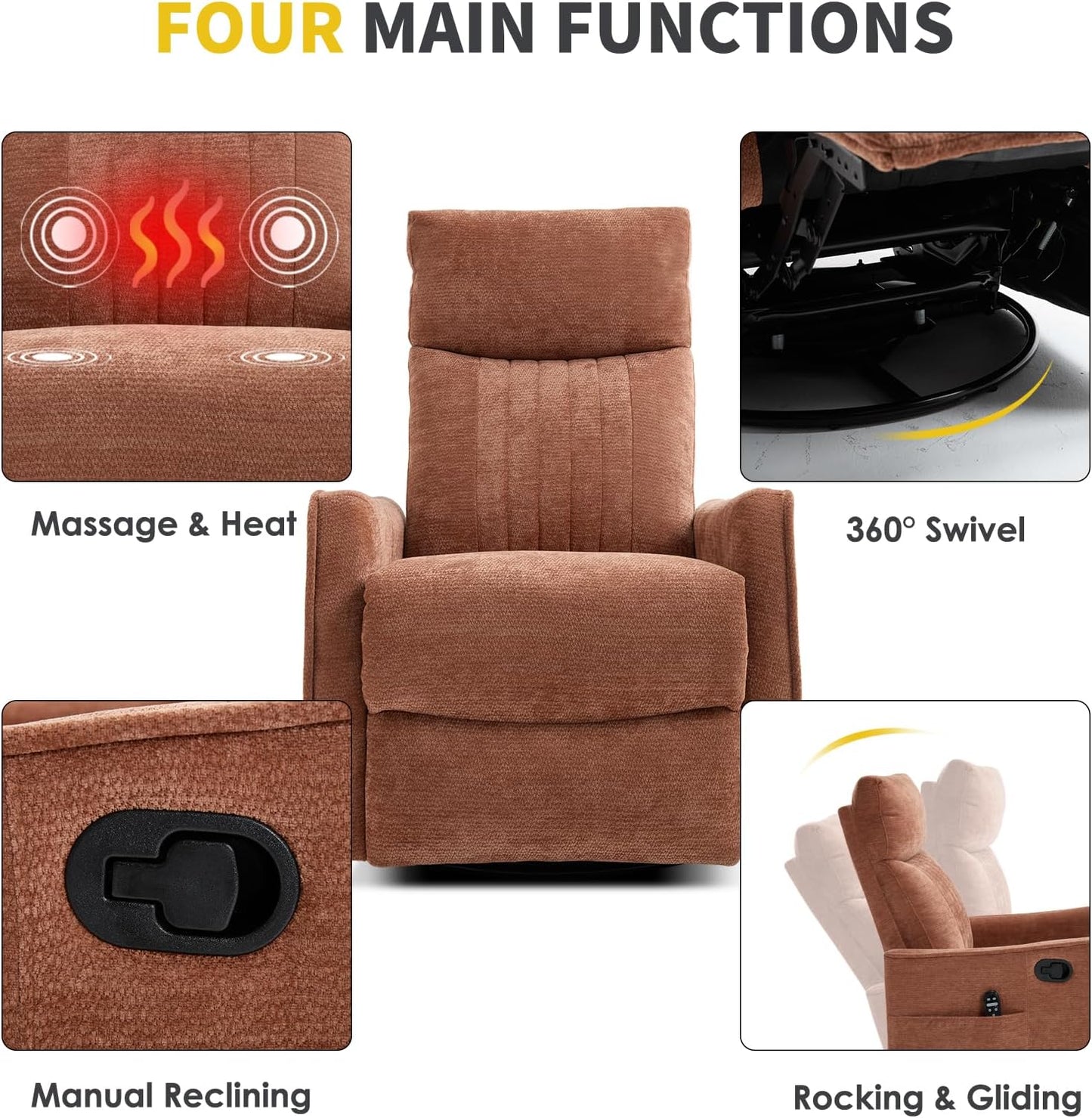 Trustyue Swivel Rocker Recliner Chair, 360° Swivel Recliner with Heat and Massage, Rocker Recliner Nursery Glider Chair with Side Pockets for Living Room (Beige, Fabric)