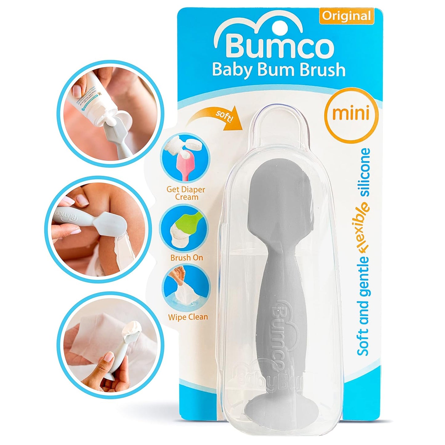 Bumco Baby Bum Brush - BPA-Free Diaper Cream Spatula with Suction Cup Base, Soft & Flexible Silicone, Wipe-Clean, Mom-Invented Diaper Bag Essentials (Gray)