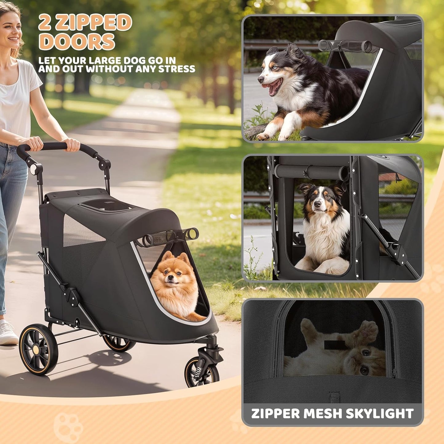 Magshion Compact Pet Stroller for Small-Medium Dogs/Cats up to 22lbs, 4-Wheel Lightweight Umbrella Shaped Portable Puppy Travel Jogger with Breathable Mesh, Cup Holder & Rear Storage, Black