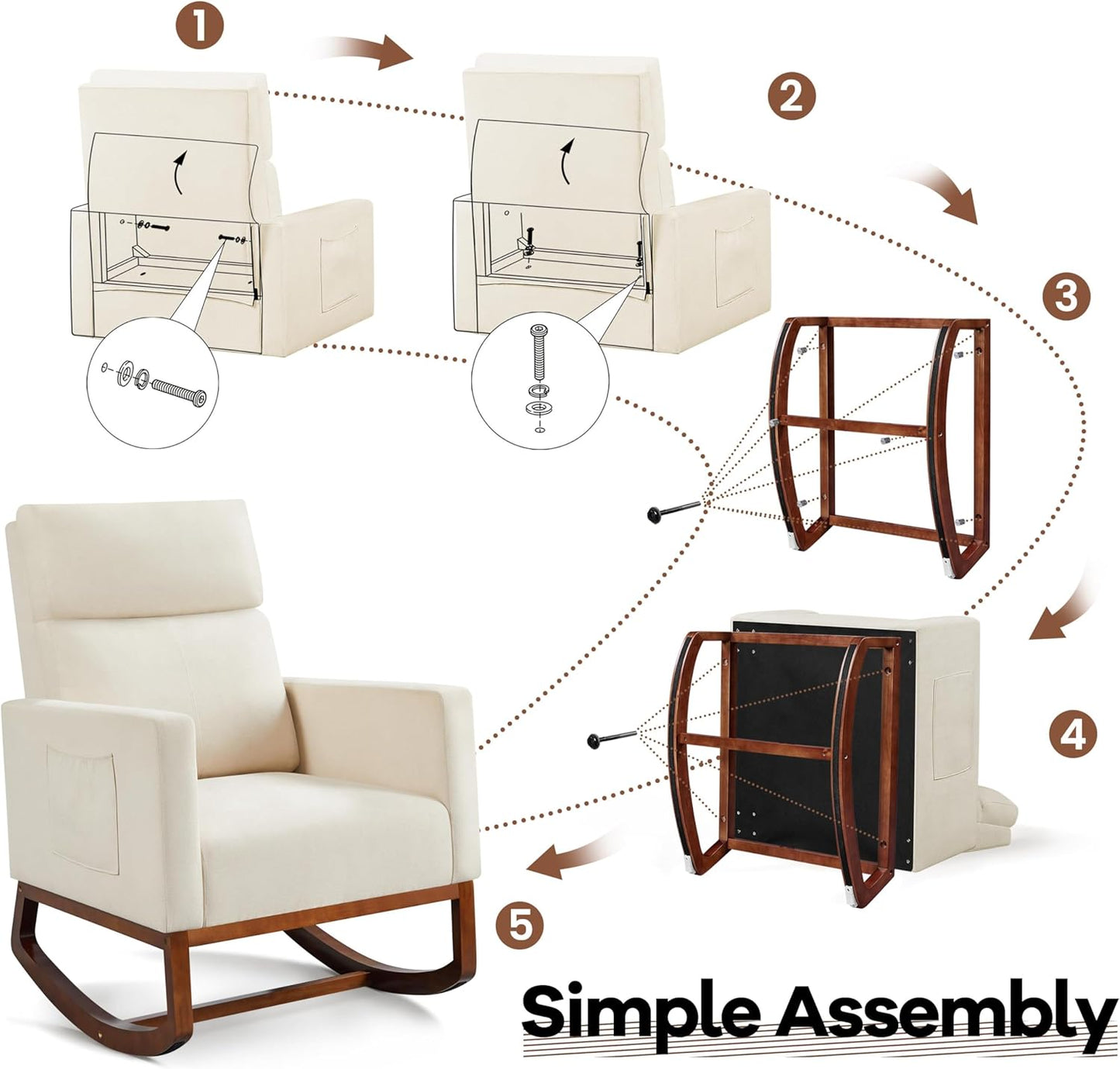Yaheetech Upholstered Rocking Chair, Boucle Glider Chair Nursery Chair with High Back and Side Pocket, Rocking Accent Armchair with Rubber Wood Legs for Living Room/Bedroom/Nursery, Ivory