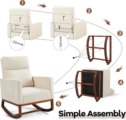 Yaheetech Upholstered Rocking Chair, Boucle Glider Chair Nursery Chair with High Back and Side Pocket, Rocking Accent Armchair with Rubber Wood Legs for Living Room/Bedroom/Nursery, Ivory