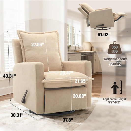 Rocking Chair Nursery Swivel Rocker Recliner Chair, High Back Adult Manual Recliner for Small Spaces, Glider Rocking Reclining Sofa for Living Room Bedroom, Beige