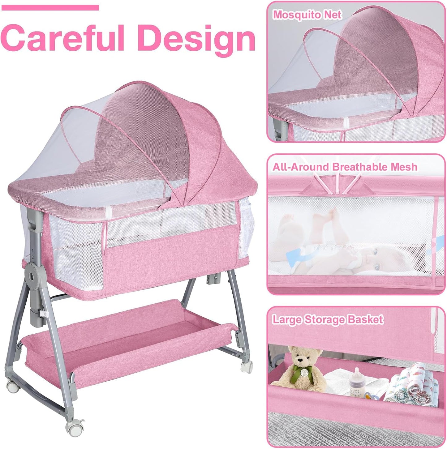 Jixrolyn 3 in 1 Baby Bassinet Bedside Sleeper, Height Adjustable Bedside Bassinet for Newborn and Infant with Mattress, Storage Basket, and Wheels (Grey)