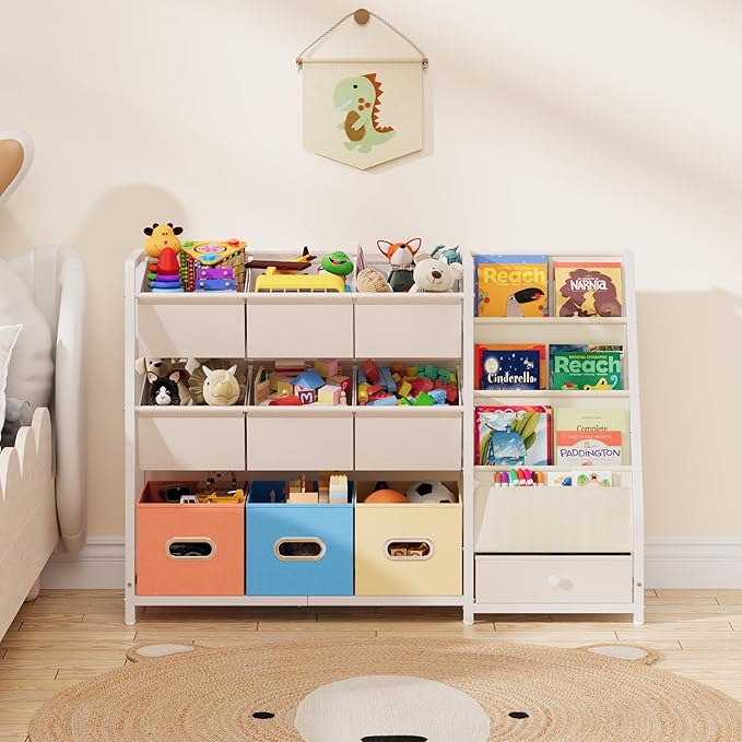HAVLOTII Toy Storage Organizer - Kids Bookshelf and Toy Storage with 3 Book Shelf and 10 Storage Bins, Montessori Playroom Storage for Toddler, Baby, Book Shelf for Kids Rooms