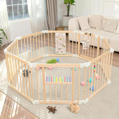Ulnxiy Foldable Wooden Baby Playpen Activity Center,Adjustable Size & Shape Portable Play Yard, Baby Fence Play Area with Gate for Indoor Use for Babies and Toddlers(84x56x24inches)