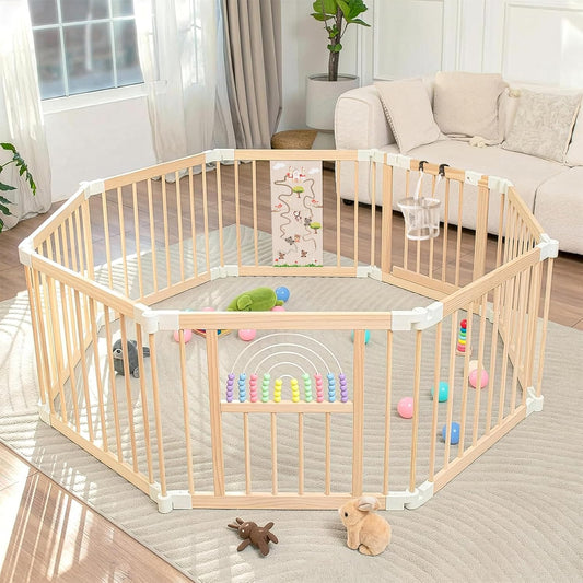 Ulnxiy Foldable Wooden Baby Playpen Activity Center,Adjustable Size & Shape Portable Play Yard, Baby Fence Play Area with Gate for Indoor Use for Babies and Toddlers(84x56x24inches)