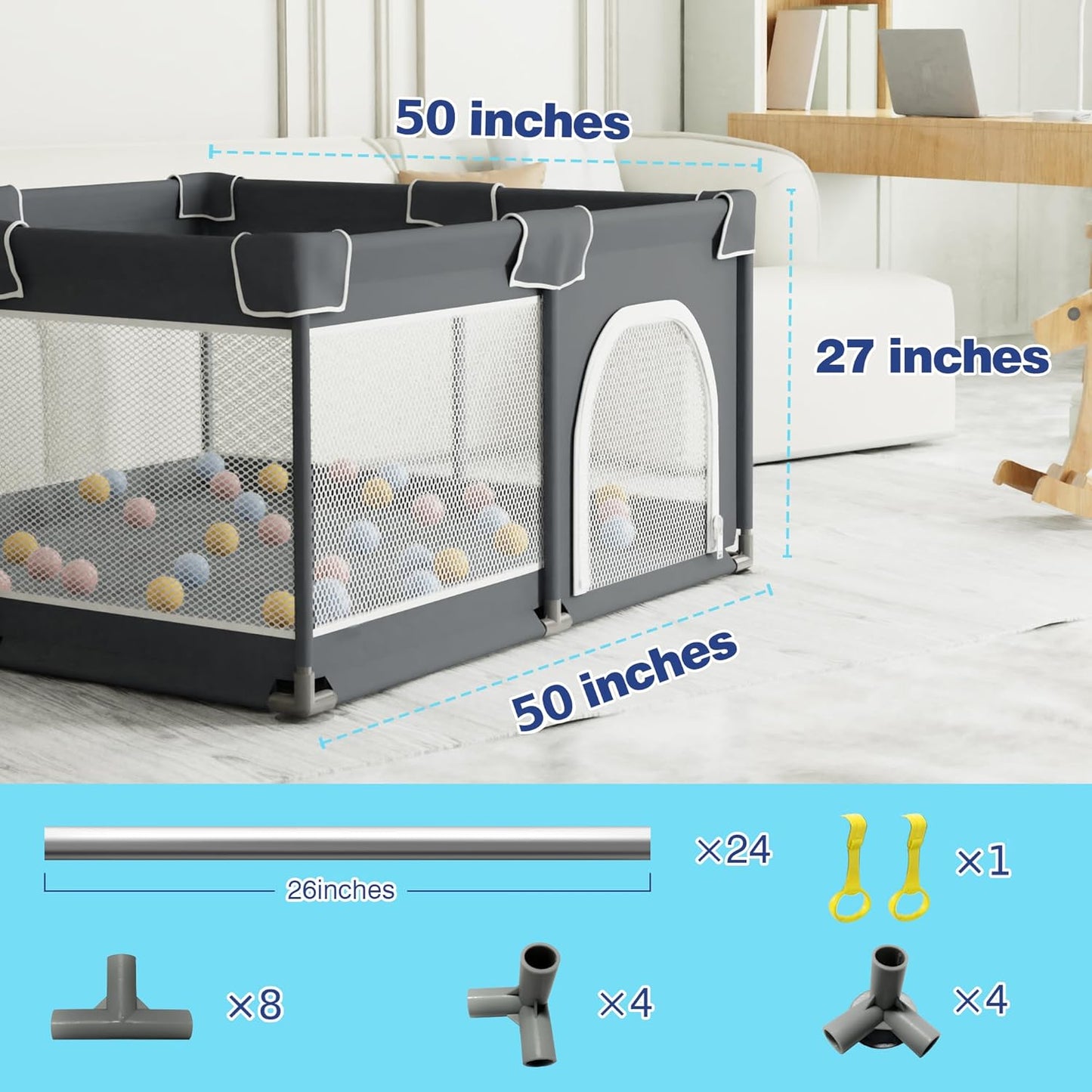 Grobeybees Playpen for Babies and Toddlers, Large Baby Playpen, Playard with Bag, Indoor & Outdoor Play Pen, Sturdy Safety Baby Play Yard with Soft Breathable Mesh (Grey)