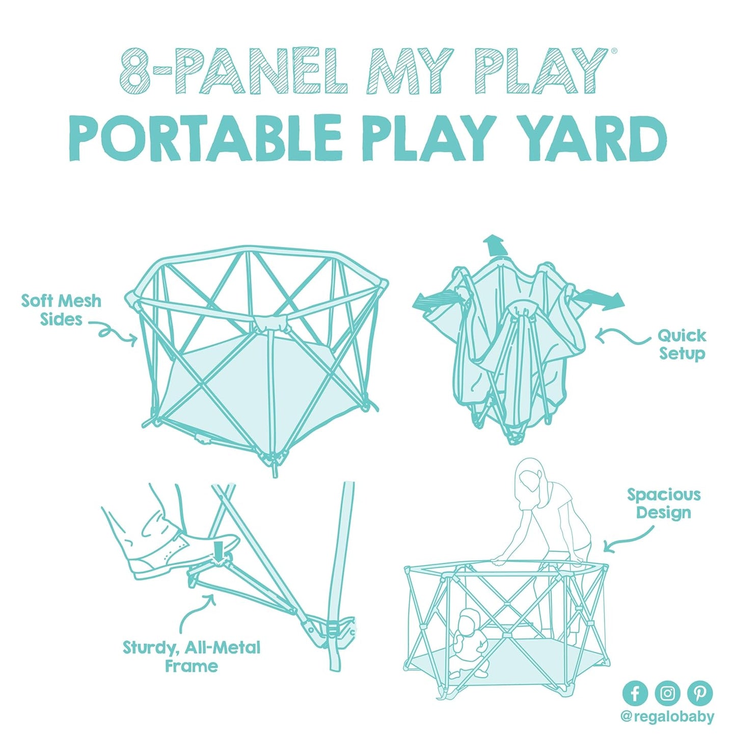 Regalo Safety My Play Deluxe Extra Large Baby Playpen & Portable Play Yard, Foldable 8-Panel Indoor Outdoor Playpen for Babies & Toddlers, Mesh Sides, Washable Nylon Bottom, 62", Aqua/Black